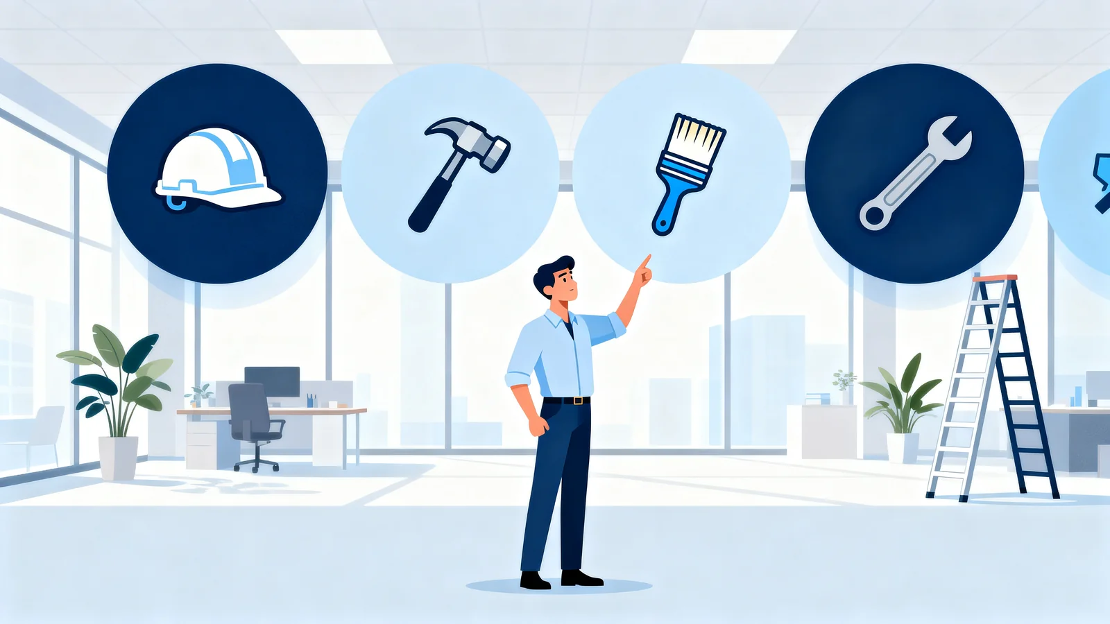 Contractor pointing at floating icons representing different workers' comp class codes